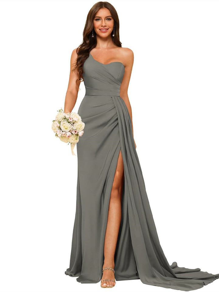 A Line/Princess Satin One-shoulder Sleeveless Floor-Length Bridesmaid Dresses