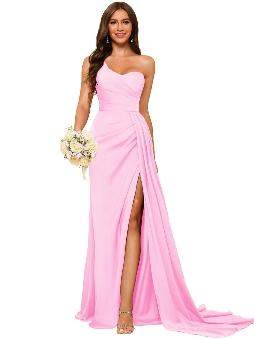 A Line/Princess Satin One-shoulder Sleeveless Floor-Length Bridesmaid Dresses