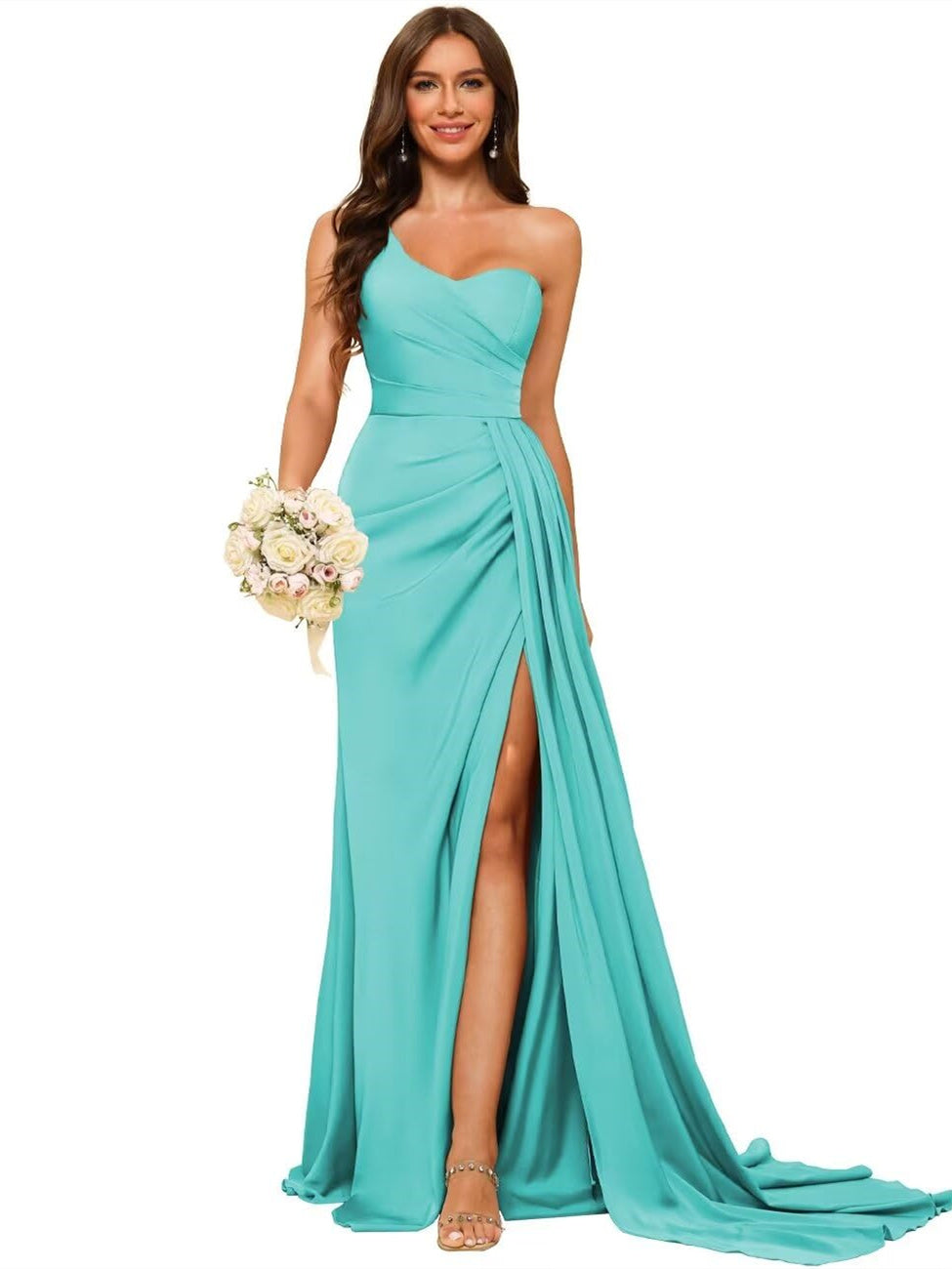 A Line/Princess Satin One-shoulder Sleeveless Floor-Length Bridesmaid Dresses