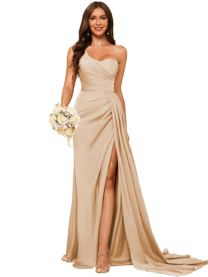 A Line/Princess Satin One-shoulder Sleeveless Floor-Length Bridesmaid Dresses