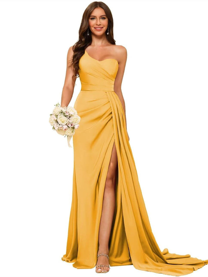 A Line/Princess Satin One-shoulder Sleeveless Floor-Length Bridesmaid Dresses