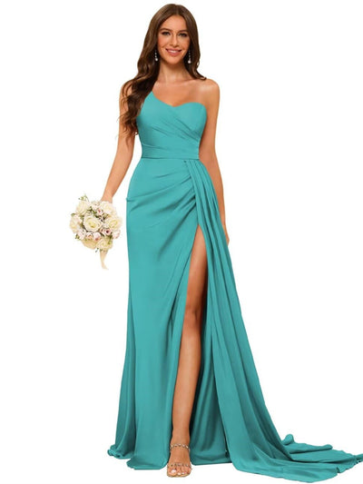 A-Line/Princess One-Shoulder Sleeveless Floor-Length Bridesmaid Dress with Pockets