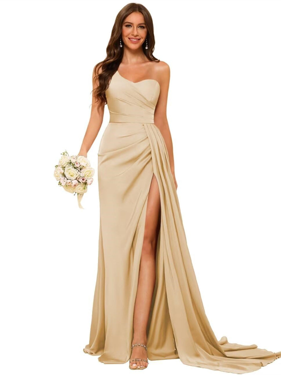 A Line/Princess Satin One-shoulder Sleeveless Floor-Length Bridesmaid Dresses