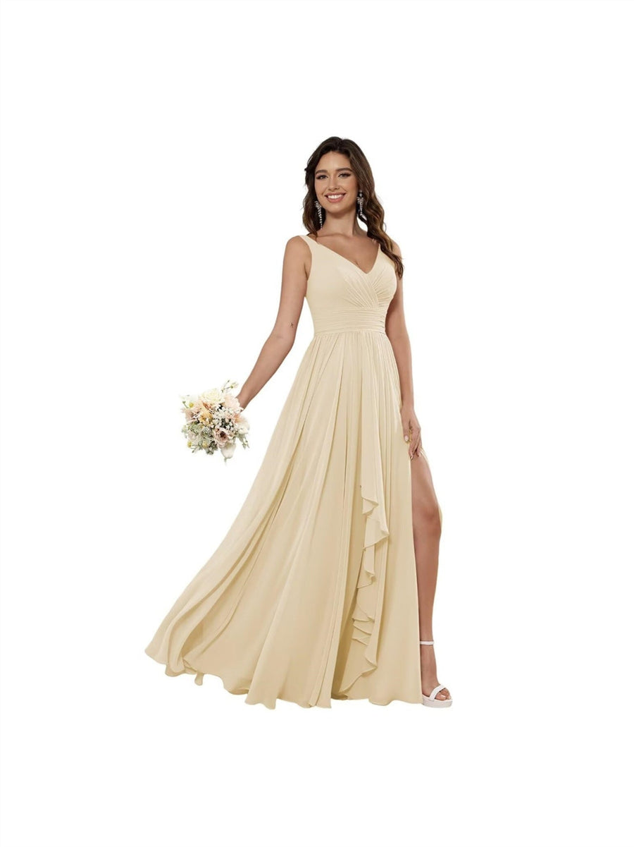 A-Line/Princess Chiffon V Neck Sleeveless Floor-Length Bridesmaid Dresses