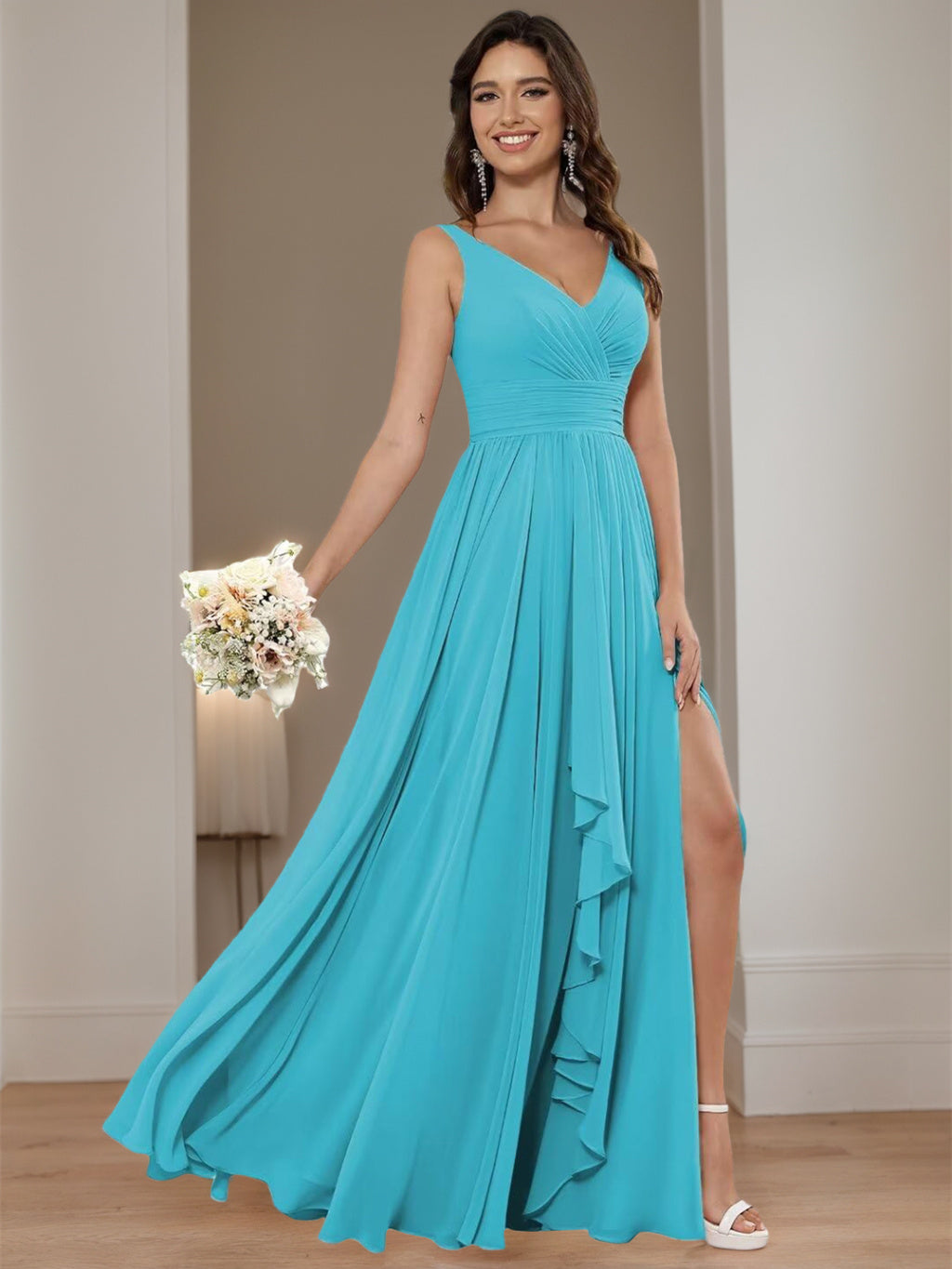 2026 Bridesmaid Dresses Chiffon Women's A-Line V-Neck Sleeveless Floor-Length Formal Evening Gowns with Split Side, Aqua Blue 2026 Bridesmaid Dresses Chiffon Women's A-Line V-Neck Sleeveless Floor-Length Formal Evening Gowns with Split Side, Aqua Blue
