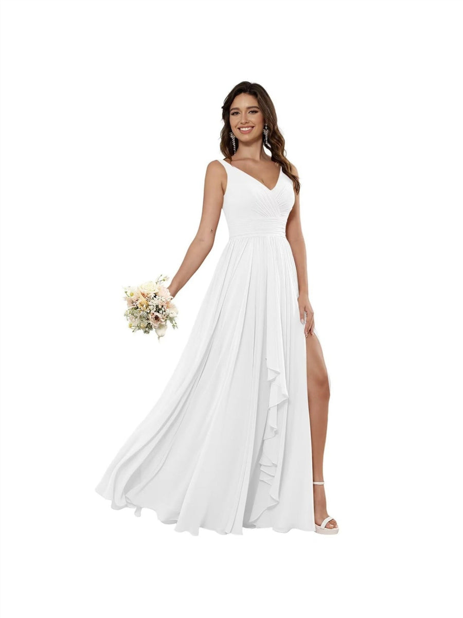 A-Line/Princess Chiffon V Neck Sleeveless Floor-Length Bridesmaid Dresses