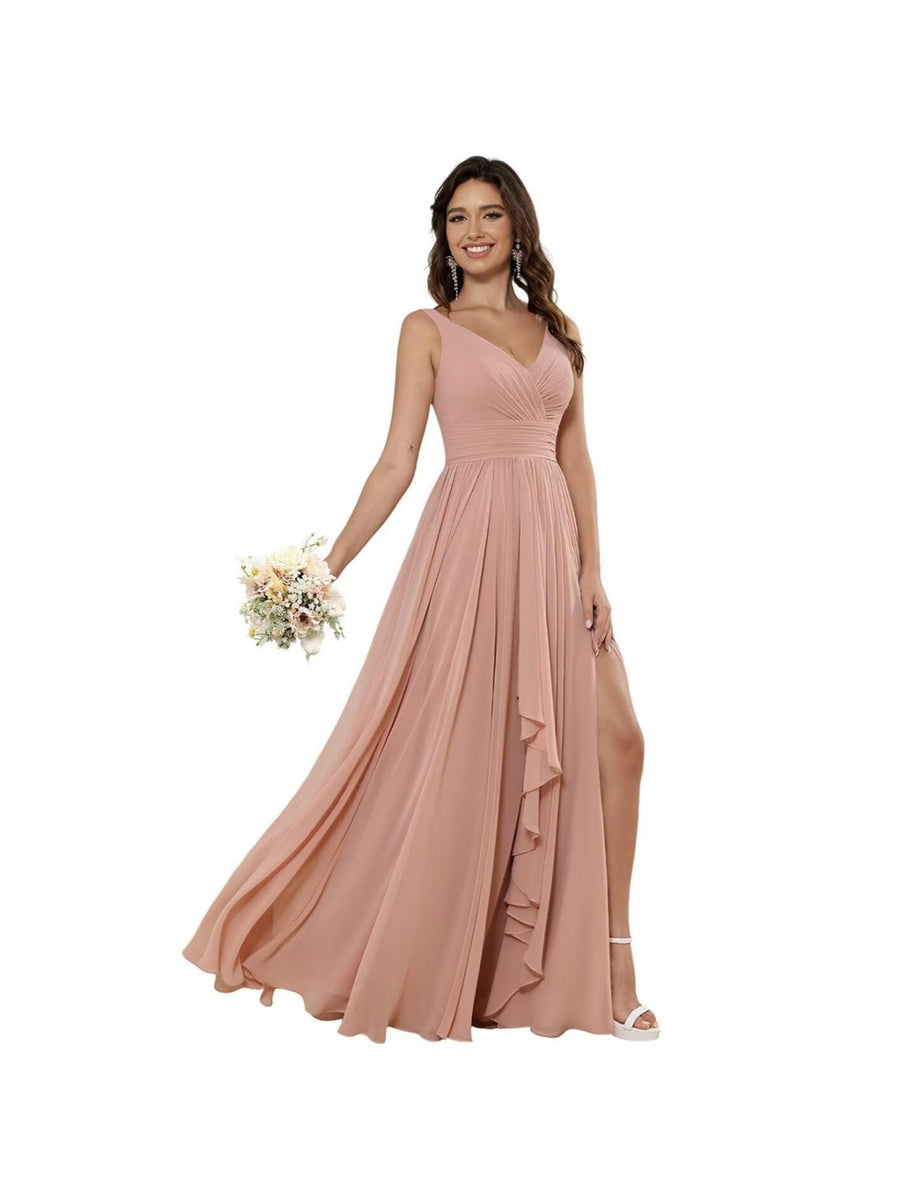 A-Line/Princess Chiffon V Neck Sleeveless Floor-Length Bridesmaid Dresses