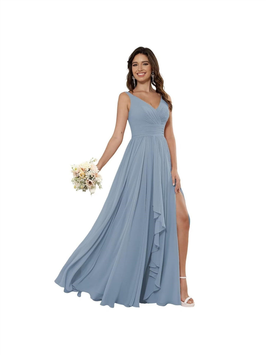 A-Line/Princess Chiffon V Neck Sleeveless Floor-Length Bridesmaid Dresses