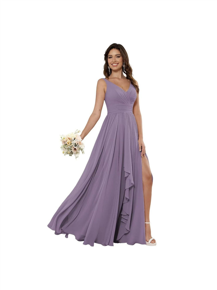 A Line/Princess Chiffon V Neck Sleeveless Floor-Length Bridesmaid Dresses