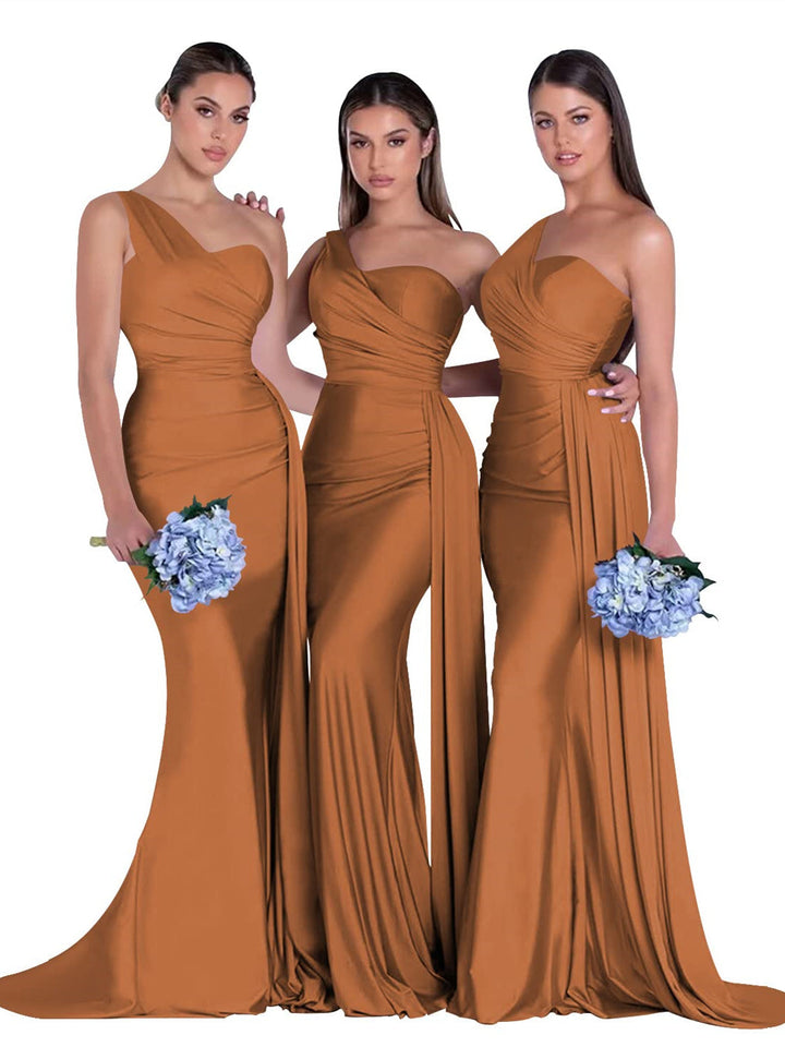 Mermaid/Trumpet Satin One-Shoulder Sleeveless Floor-Length Bridesmaid Dresses