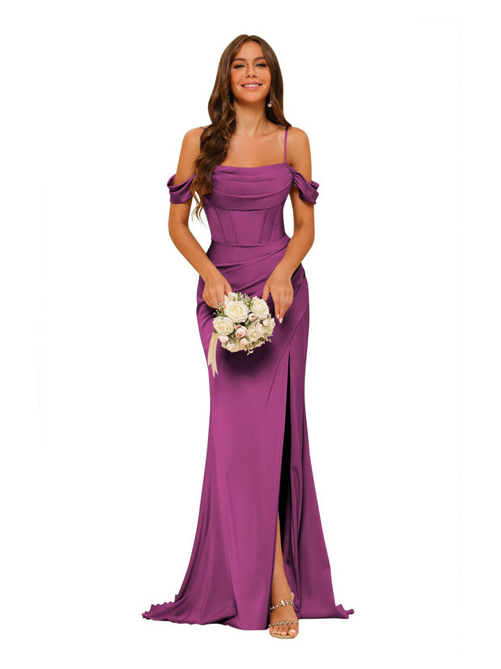 Mermaid/Trumpet Satin Off-the-Shoulder Sleeveless Floor-Length Bridesmaid Dresses