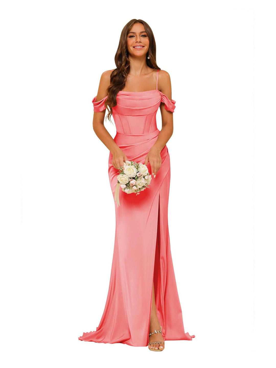 Mermaid/Trumpet Satin Off-the-Shoulder Sleeveless Floor-Length Bridesmaid Dresses Pink