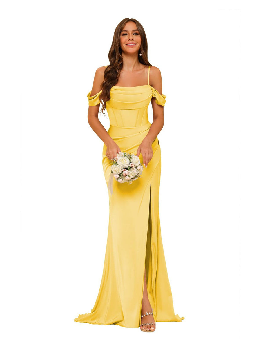 Mermaid/Trumpet Satin Off-the-Shoulder Sleeveless Floor-Length Bridesmaid Dresses