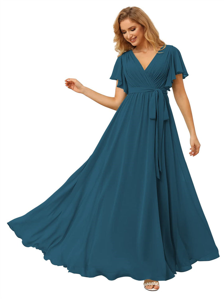 A Line/Princess Chiffon V-Neck Short Sleeves Ankle-Length Bridesmaid Dresses