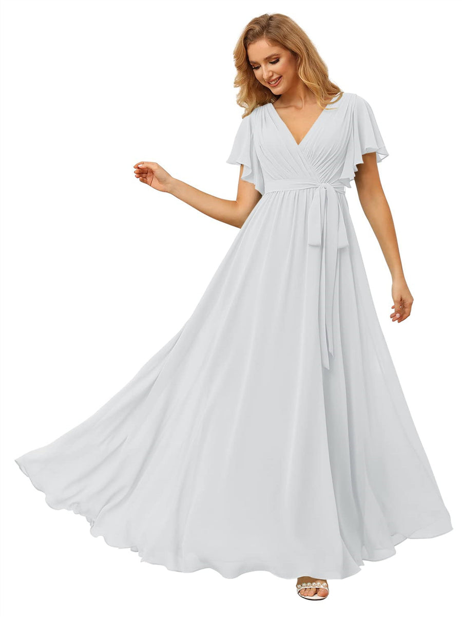 A-Line/Princess Chiffon V-Neck Short Sleeves Ankle-Length Bridesmaid Dresses