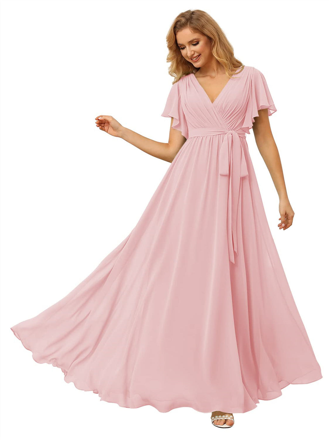 A Line/Princess Chiffon V-Neck Short Sleeves Ankle-Length Bridesmaid Dresses