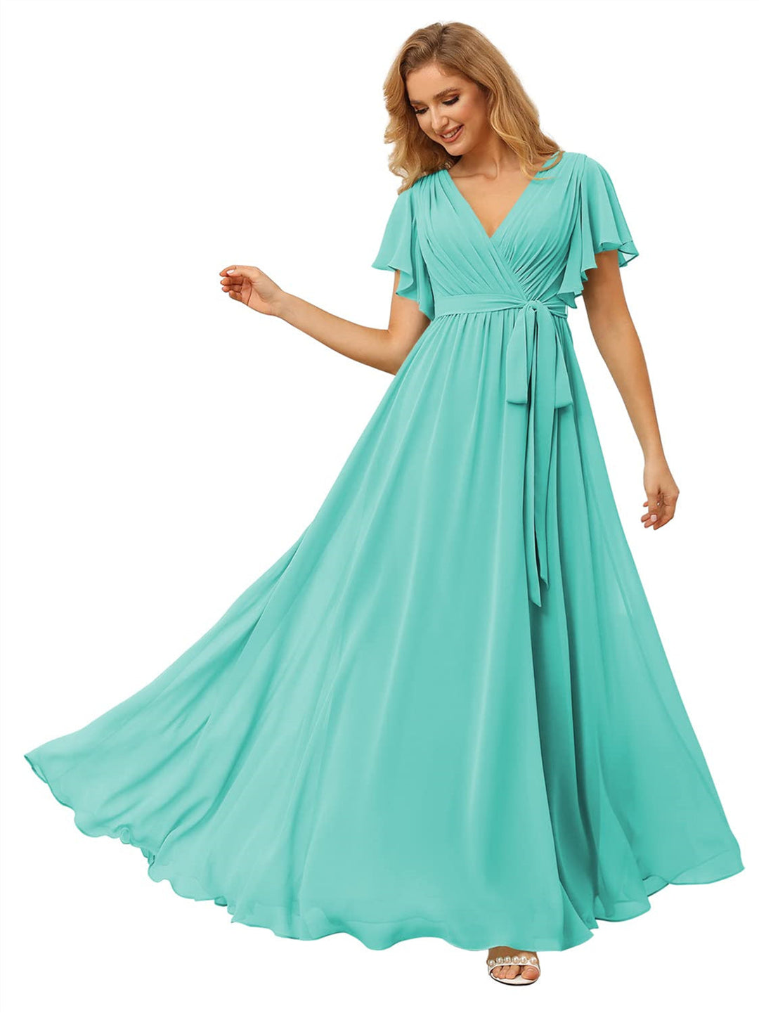 A Line/Princess Chiffon V-Neck Short Sleeves Ankle-Length Bridesmaid Dresses