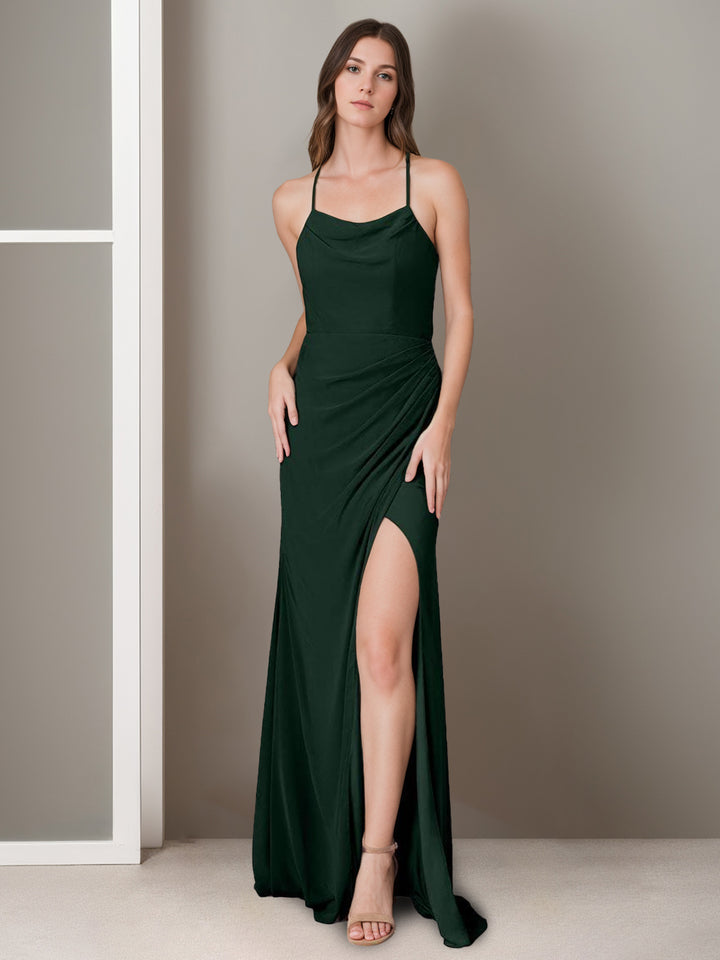 A Line/Princess Spaghetti Straps Sleeveless Floor-Length Bridesmaid Dresses with Split Side & Ruching