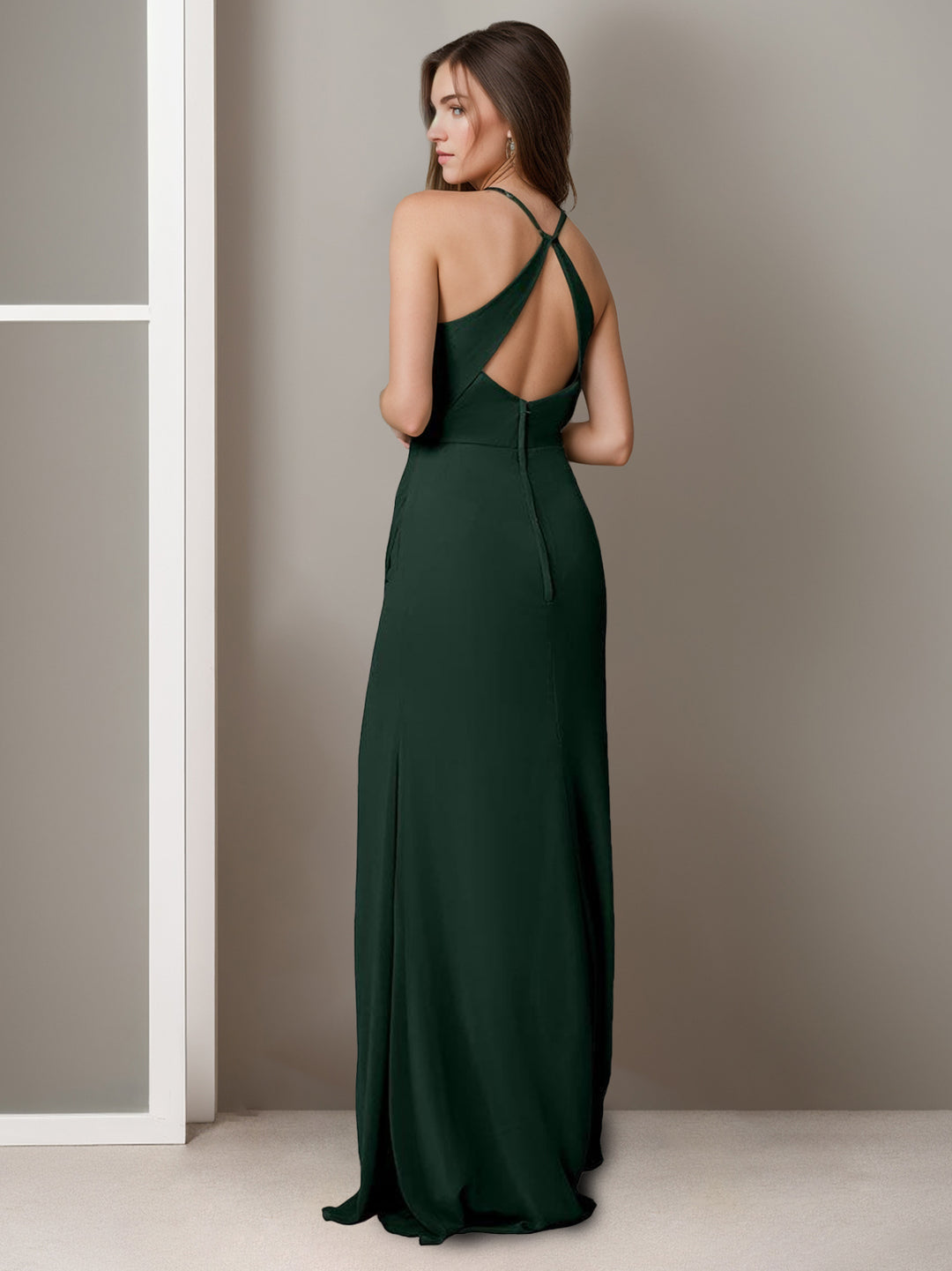 A Line/Princess Spaghetti Straps Sleeveless Floor-Length Bridesmaid Dresses with Split Side & Ruching