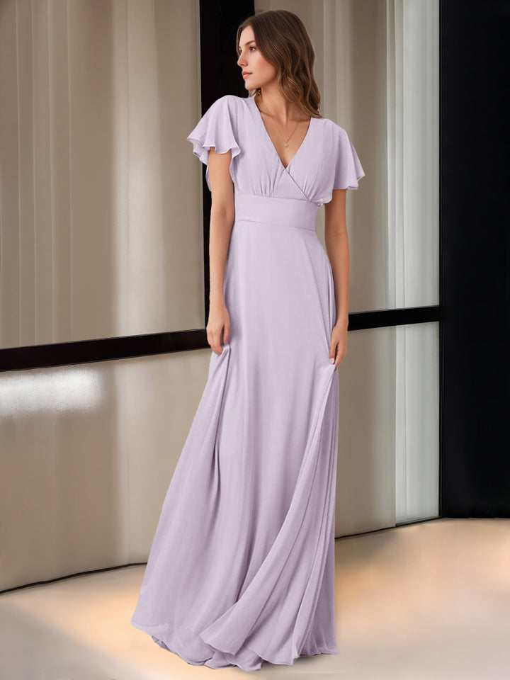 A Line/Princess V-Neck Short Sleeves Floor-Length Bridesmaid Dresses with Pocket