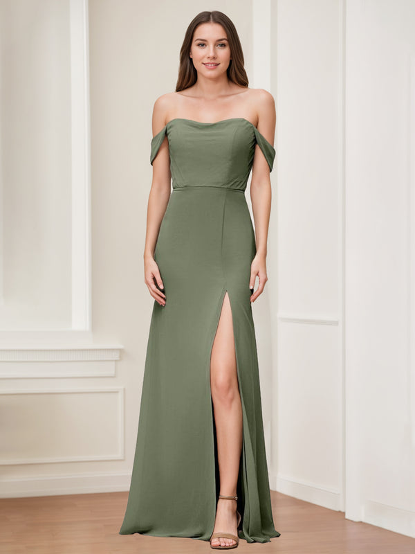 A-Line/Princess Off-the-Shoulder Sleeveless Floor-Length Long Bridesmaid Dresses with Split Side