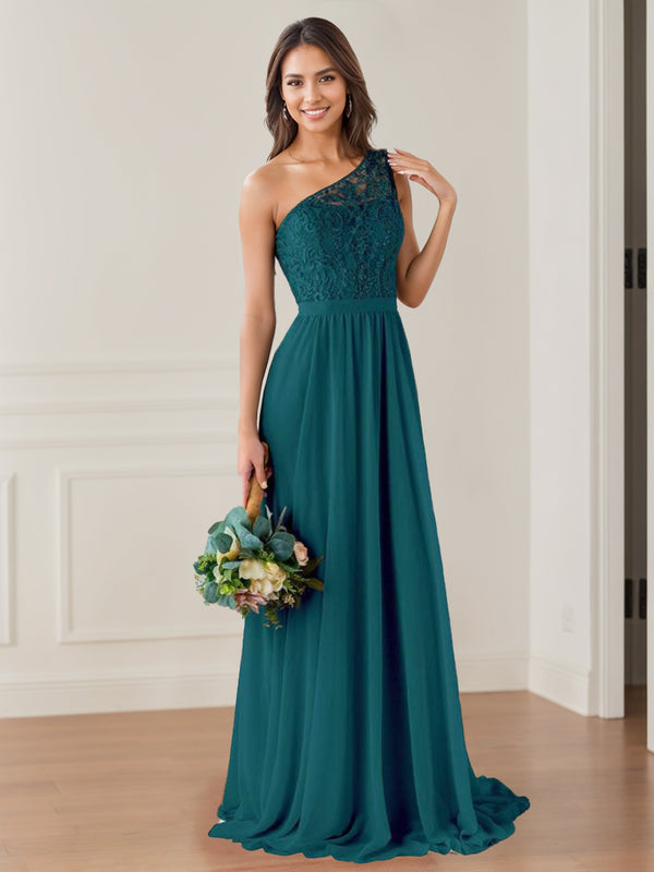 A-Line/Princess One-Shoulder Sleeveless Floor-Length Bridesmaid Dresses with Lace,Beaded & Embroidered