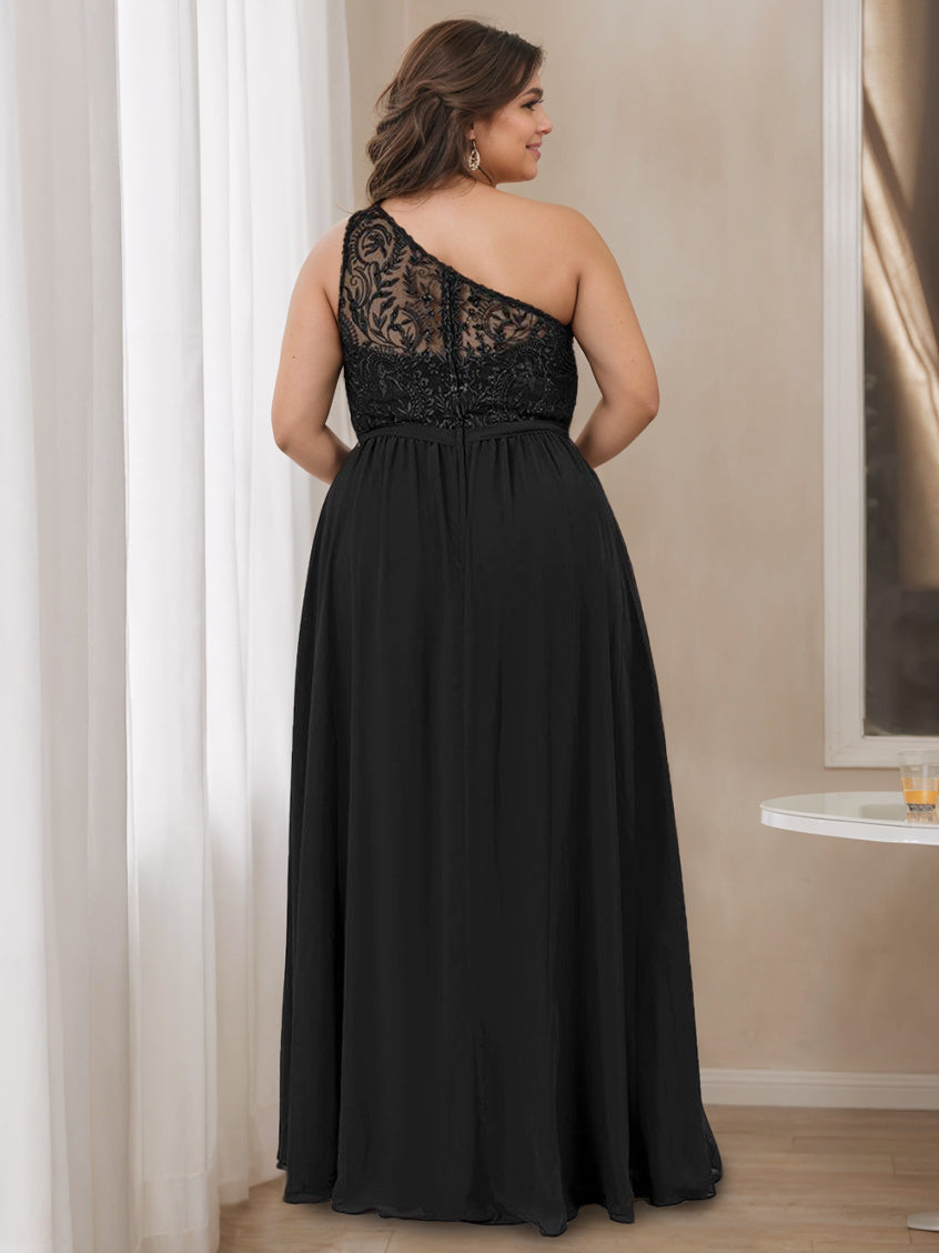 2026 Bridesmaid Dresses One-Shoulder Lace Applqiue Chiffon A-Line Sleeveless Floor-Length Formal Evening Gowns with Pocket, Teal