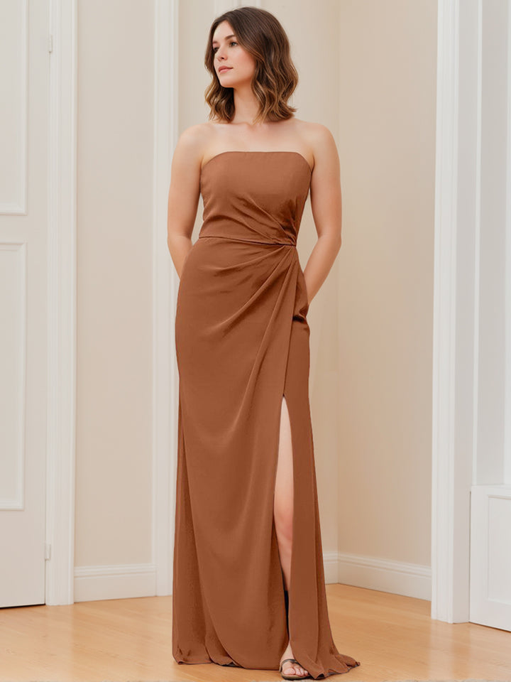 A Line/Princess Strapless Neck Sleeveless Floor-Length Bridesmaid Dresses with Split Side & Ruffles