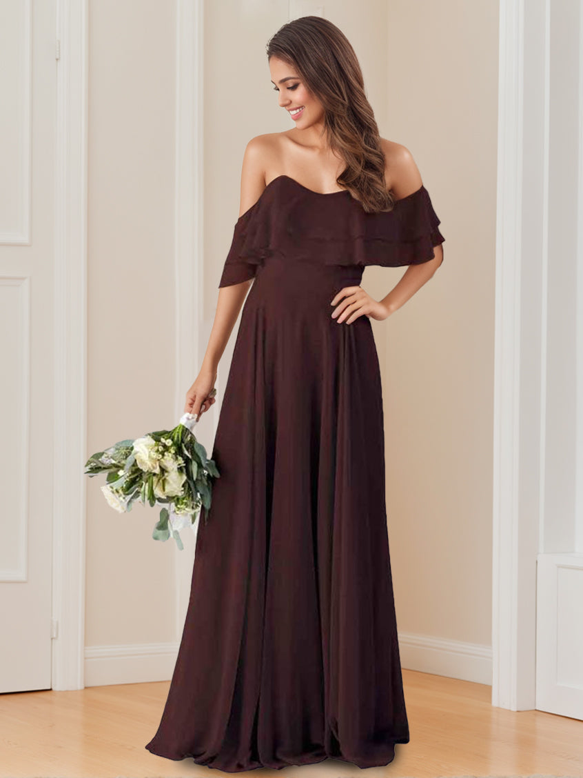 Bridesmaid Dresses 2026 Off-the-Shoulder A-Line Strapless Floor-Length Chiffon Formal Wedding Guest Evening Gowns with Ruffles, As Pic