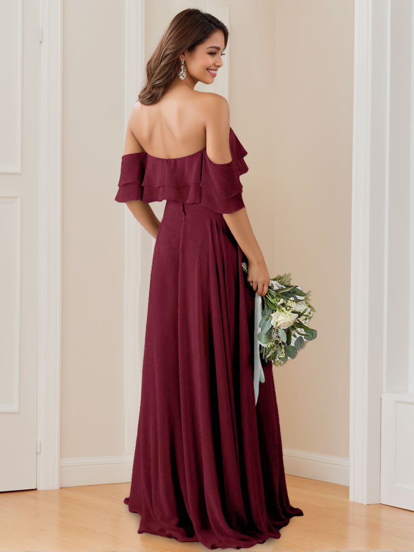 A Line/Princess Strapless Off-the-Shoulder Neck Floor-Length Bridesmaid Dresses with Ruched