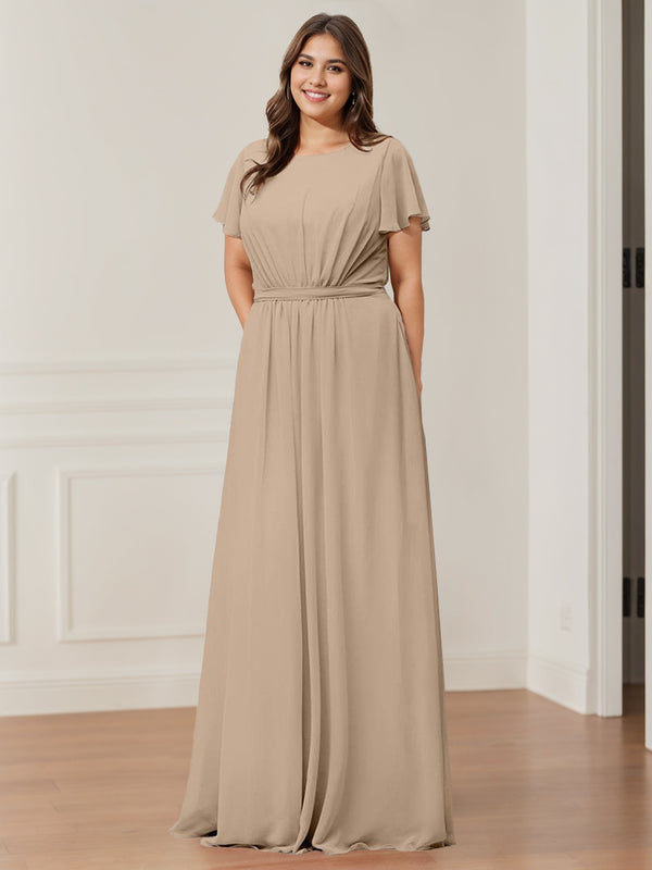 A-Line/Princess Scoop Neck Short Sleeves Floor-Length Bridesmaid Dresses with Pocket & Ruffles