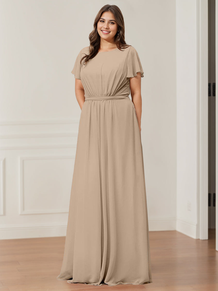 2026 Bridesmaid Dresses for Women A-Line Jewel Neck Short Sleeves Floor-Length Elegant Formal Evening Gowns with Pocket, As Pic