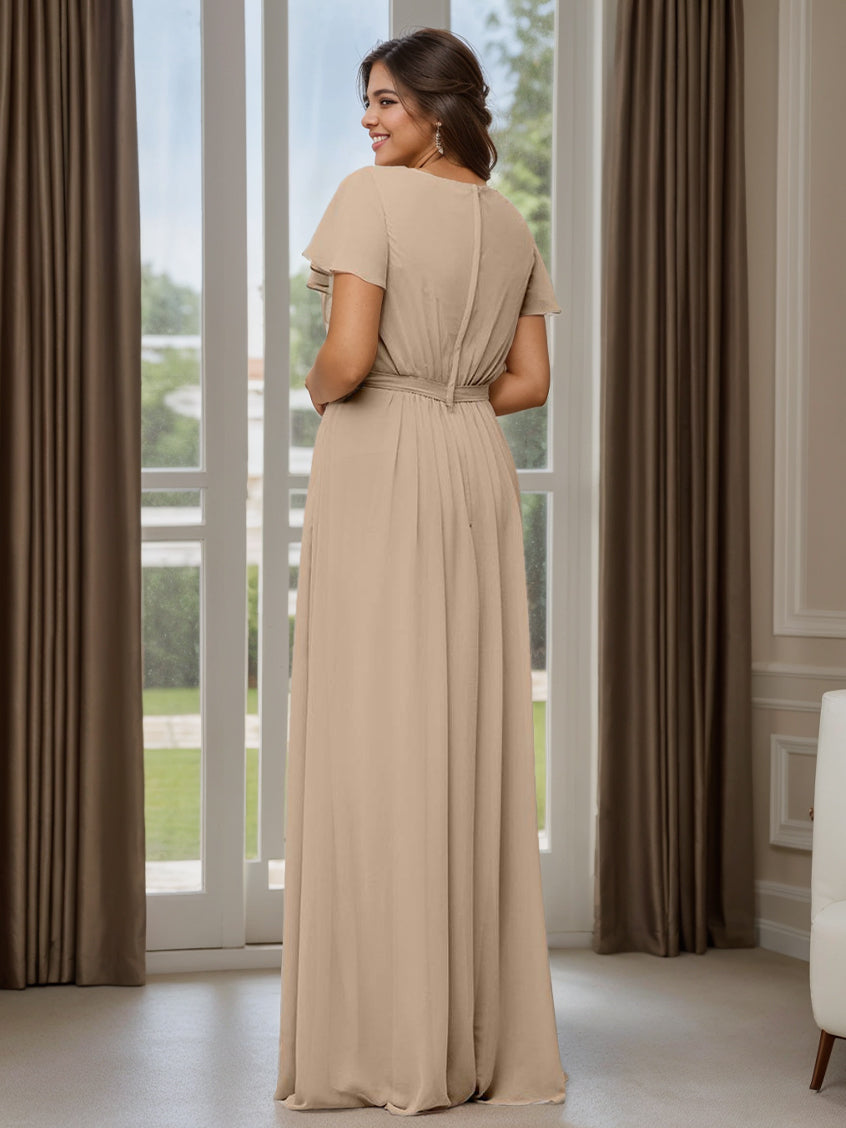 A Line/Princess Scoop Neck Short Sleeves Floor-Length Bridesmaid Dresses with Pocket & Ruffles