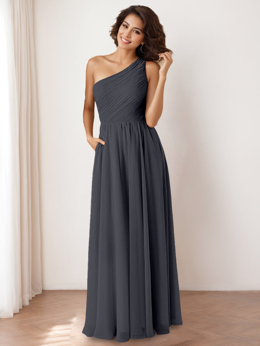 One-Shoulder Bridesmaid Dresses 2026 for Women A-Line Sleeveless Floor-Length Formal Evening Gowns with Ruched & Pocket, Steel Blue