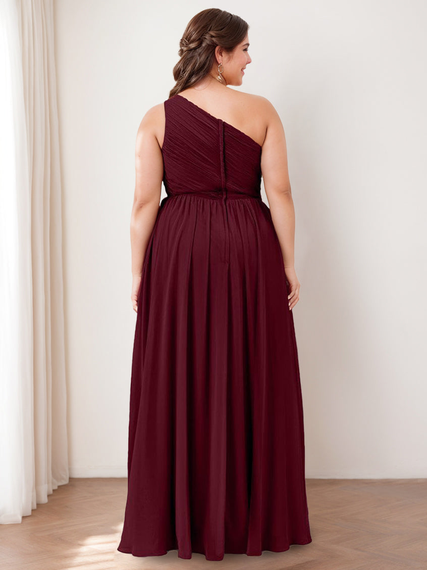 A Line/Princess One-Shoulder Sleeveless Floor-Length Bridesmaid Dresses with Pocket & Ruffles