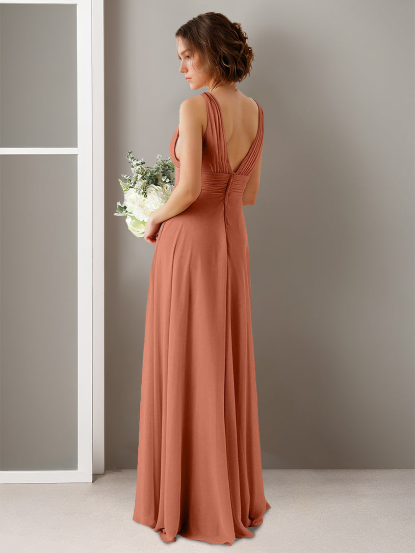 A Line/Princess Deep V-Neck Sleeveless Floor-Length Bridesmaid Dresses with Split Side & Ruffles