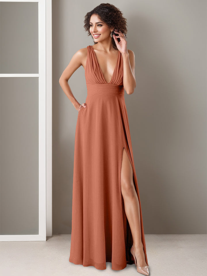 2026 Bridesmaid Dresses Elegant A-Line Deep V-Neck Sleeveless Long Formal Wedding Guest Evening Gowns with Split Side & Pocket, Coral 2026 Bridesmaid Dresses Elegant A-Line Deep V-Neck Sleeveless Long Formal Wedding Guest Evening Gowns with Split Side & Pocket, Coral