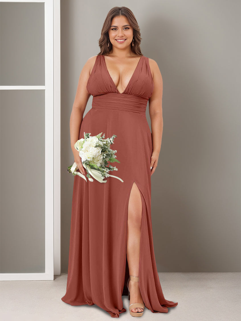 A Line/Princess Deep V-Neck Sleeveless Floor-Length Bridesmaid Dresses with Split Side & Ruffles