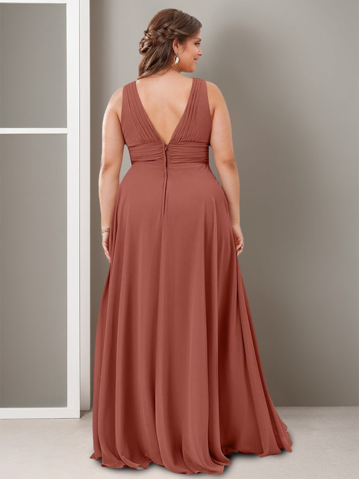 A Line/Princess Deep V-Neck Sleeveless Floor-Length Bridesmaid Dresses with Split Side & Ruffles