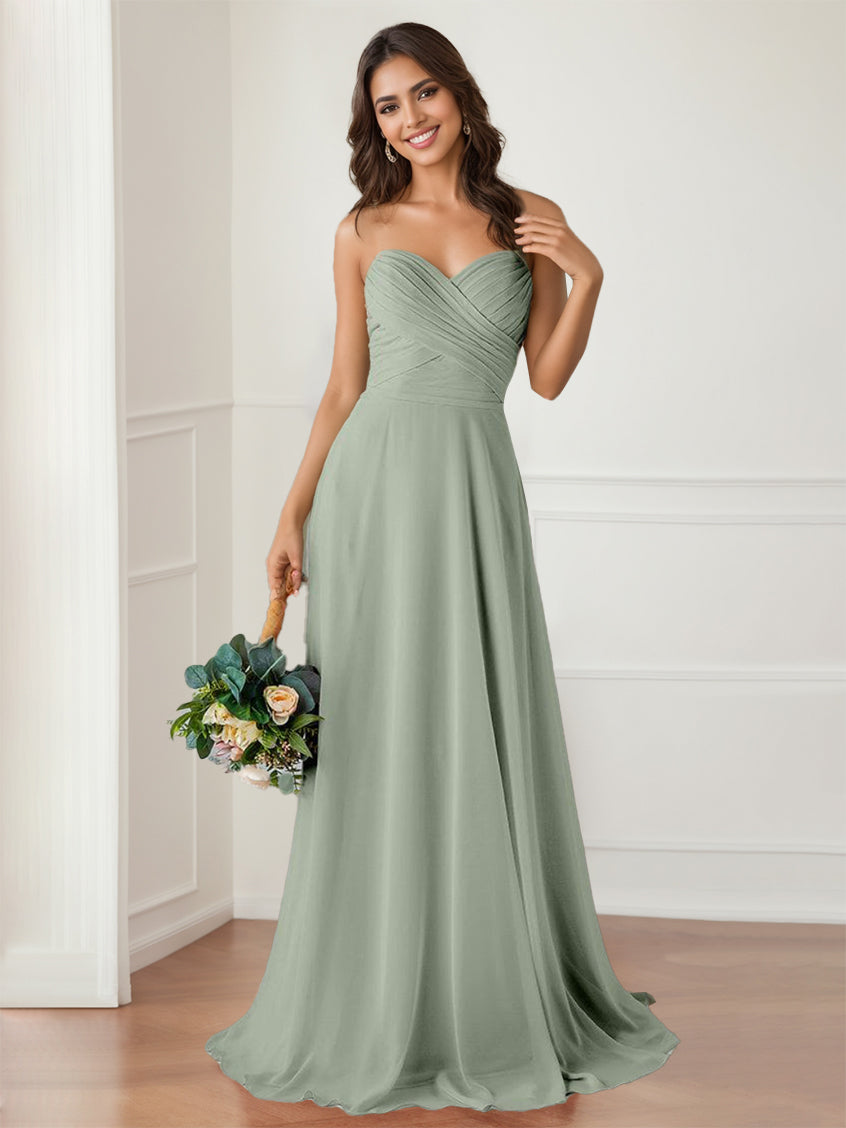 Sweetheart Bridesmaid Dresses 2026 Chiffon A-Line Strapless Sleeveless Floor-Length Elegant Formal Wedding Guest Evening Gowns, As Pic Sweetheart Bridesmaid Dresses 2026 Chiffon A-Line Strapless Sleeveless Floor-Length Elegant Formal Wedding Guest Evening Gowns, As Pic