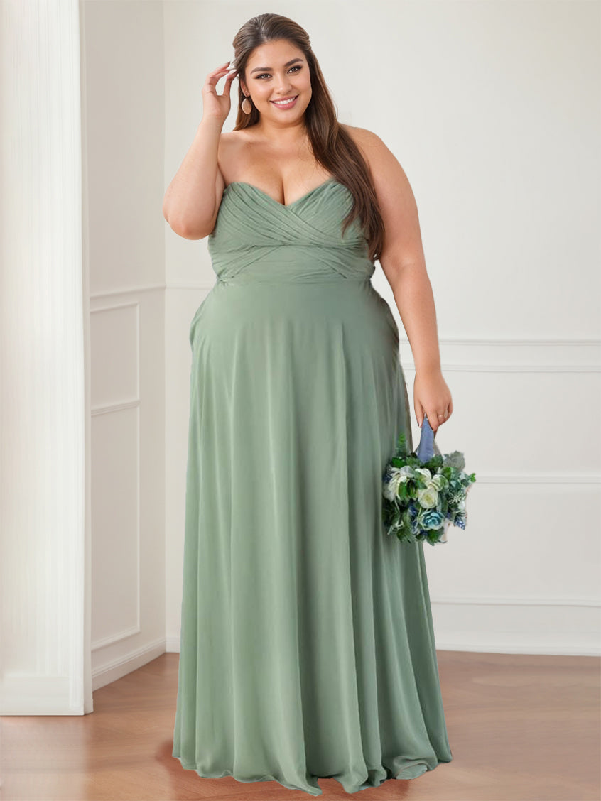 A Line/Princess Strapless Sweetheart Neck Sleeveless Floor-Length Bridesmaid Dresses with Ruffles