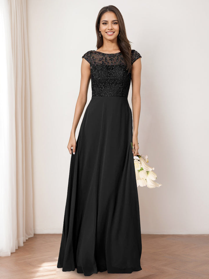 A Line/Princess Jewel Neck Sleeveless Floor-Length Long Bridesmaid Dresses with Lace