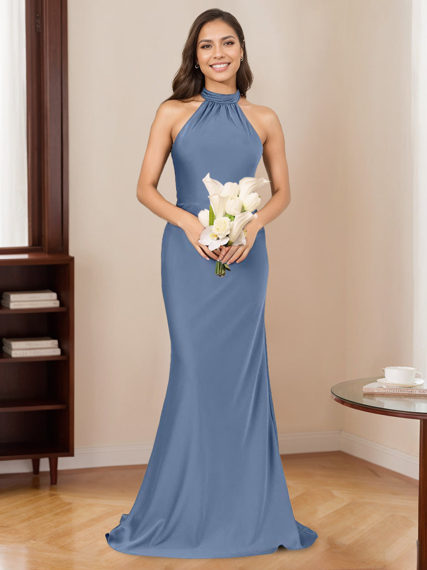 Dusty Blue Bridesmaid Dresses Halter for Women Chic Mermaid/Trumpet Clod Shoulder Sleeveless Long Formal Evening Gowns, Dusty Blue Dusty Blue Bridesmaid Dresses Halter for Women Chic Mermaid/Trumpet Clod Shoulder Sleeveless Long Formal Evening Gowns, Dusty Blue