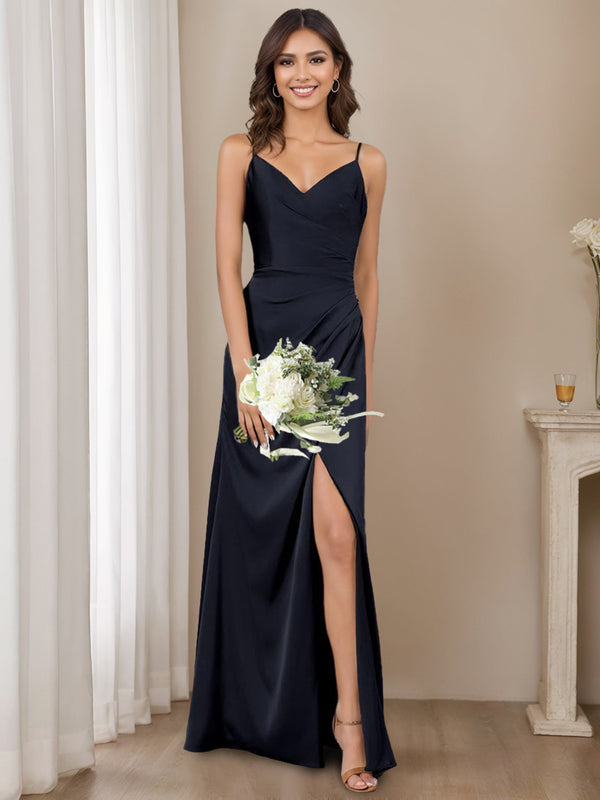 A-Line/Princess Spaghetti Straps Sleeveless Floor-Length Long Bridesmaid Dresses with Split Side