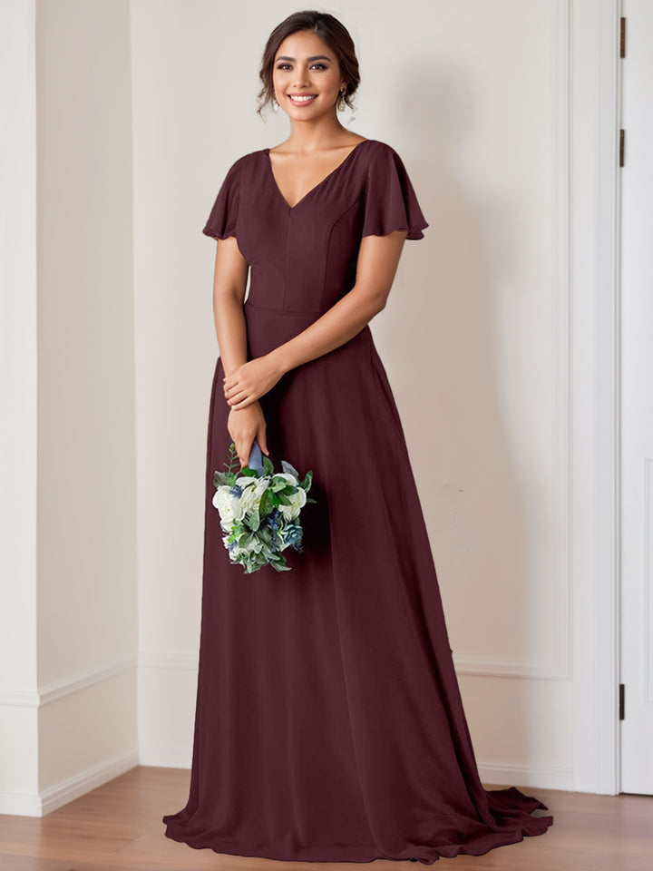 A-Line/Princess V-Neck Flutter Sleeves  Floor-Length Bridesmaid Dresses with Ruching