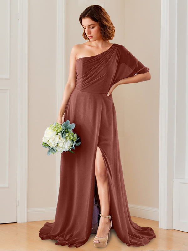 A-Line/Princess One-Shoulder Floor-Length Bridesmaid Dresses with Split Side