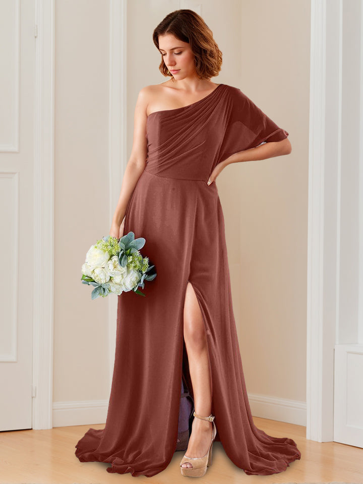 A Line/Princess One-Shoulder Floor-Length Bridesmaid Dresses with Split Side