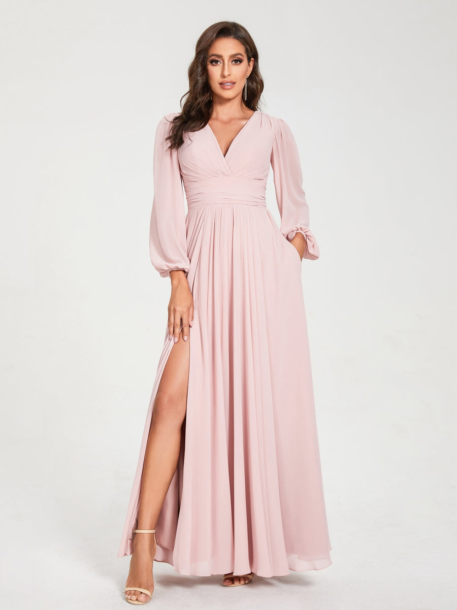 A-Line/Princess V-Neck Long Sleeves Floor-Length Bridesmaid Dresses with Pockets & Split Side Fuchsia Pink