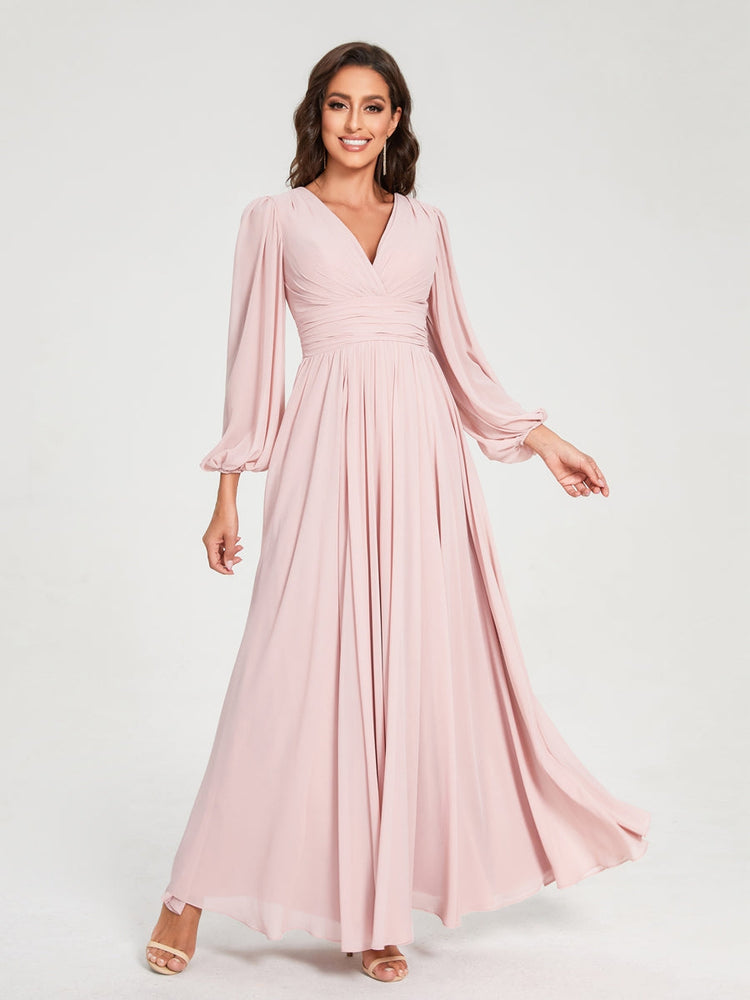 A-Line/Princess V-Neck Long Sleeves Floor-Length Bridesmaid Dresses with Pockets & Split Side