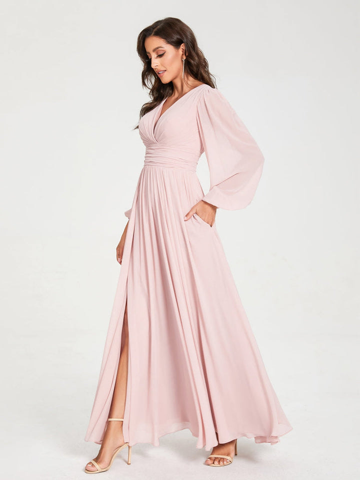 A-Line/Princess V-Neck Long Sleeves Floor-Length Bridesmaid Dresses with Pockets & Split Side